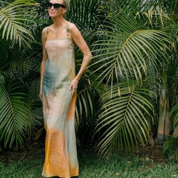 Staud Dress Laura Pastel Clouds Tie Dye Beaded Linen Beach Maxi Dress Size M - Picture 6 of 11